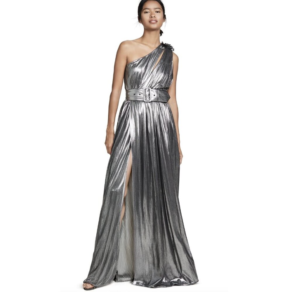 Retrofete Andrea Gown - silver one shoulder belted